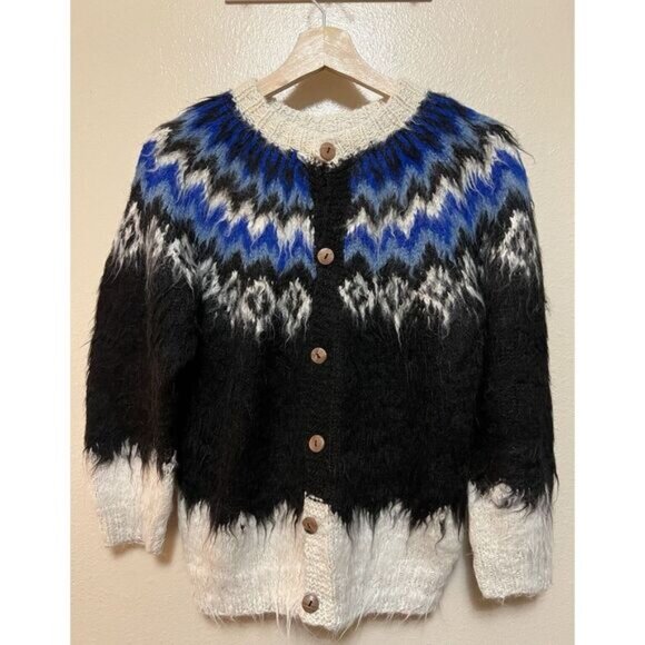 Vtg Signature Imports Alpaca Fair Isle Cardigan Black Blue White Fuzzy Bolivia - Picture 1 of 16